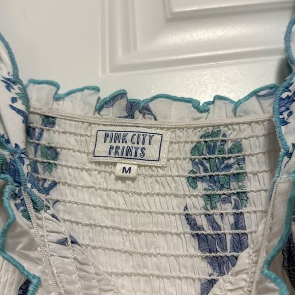 Floral White and Blue Sundress - Size Medium - PINK CITY PRINTS Tie Tank Sleeve - Picture 3 of 4